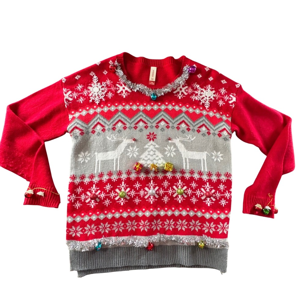 No Boundaries Ugly Christmas Sweater Juniors L Red Grey Reindeer 3D‎ Jingle